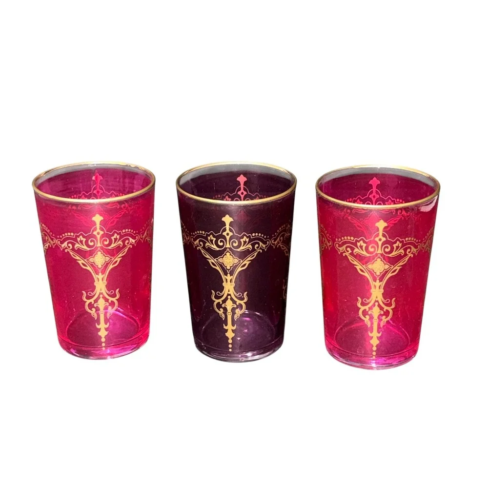 3 ARC Moroccan Tea Glasses Pink Purple Gold Filigree Ornate Boho Tumblers 4